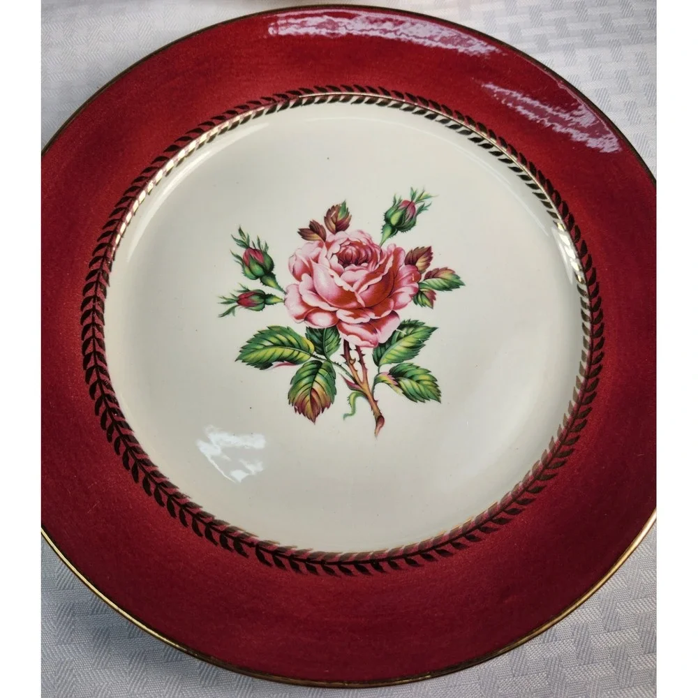 4 Vintage Stetson 22kt Gold Dinner Plates Lady Marlow Rose Center Burgundy 10